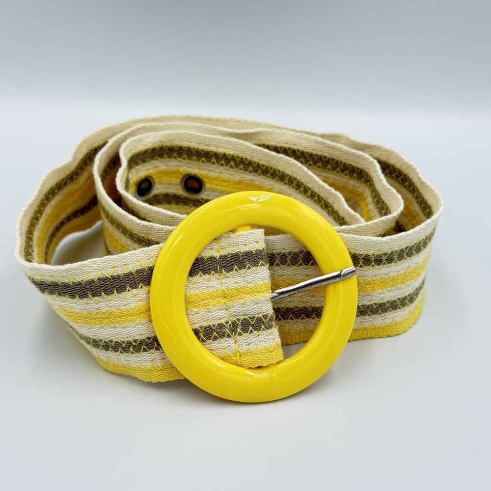 VTG‎ Y2K Yellow Stripe Woven Belt Round Buckle Retro Mod Preppy 32-36 Womens